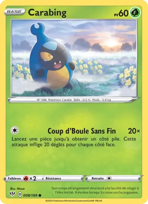 Carte Pokémon Carabing 008/189, extension Ténèbres Embrasées