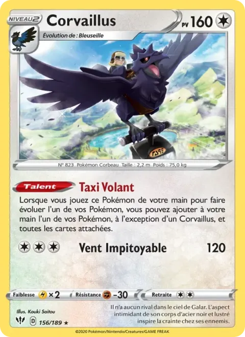 Carte Pokémon Corvaillus 156/189, extension Ténèbres Embrasées
