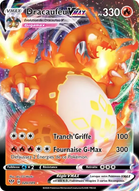 Carte Pokémon Dracaufeu VMAX 020/189, extension Ténèbres Embrasées