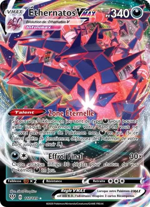 Carte Pokémon Éthernatos VMAX 117/189, extension Ténèbres Embrasées