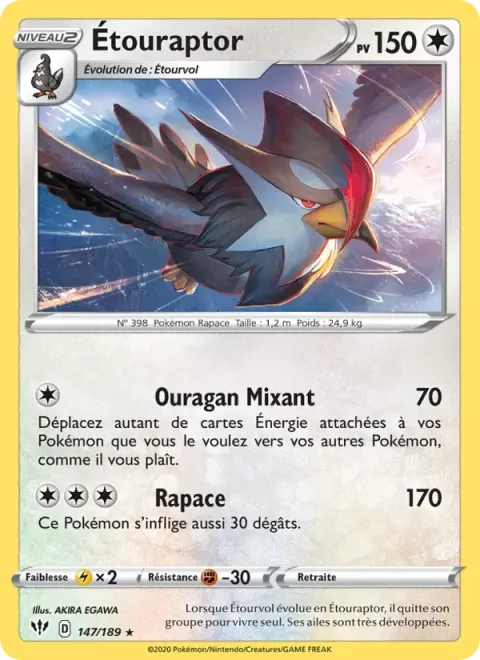 Carte Pokémon Étouraptor 147/189, extension Ténèbres Embrasées