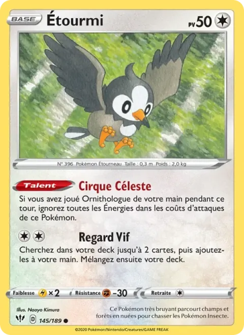 Carte Pokémon Étourmi 145/189, extension Ténèbres Embrasées