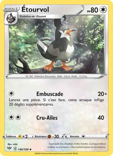 Carte Pokémon Étourvol 146/189, extension Ténèbres Embrasées