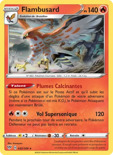 Carte Pokémon Flambusard 032/189, extension Ténèbres Embrasées