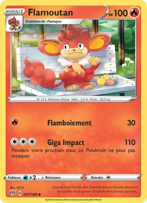 Carte Pokémon Flamoutan 027/189, extension Ténèbres Embrasées