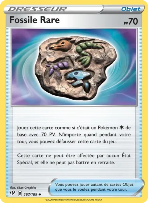 Carte Pokémon Fossile Rare 167/189, extension Ténèbres Embrasées