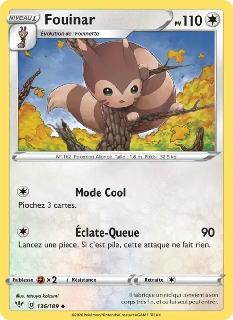 Carte Pokémon Fouinar 136/189, extension Ténèbres Embrasées
