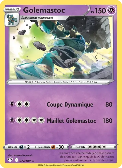 Carte Pokémon Golemastoc 077/189, extension Ténèbres Embrasées