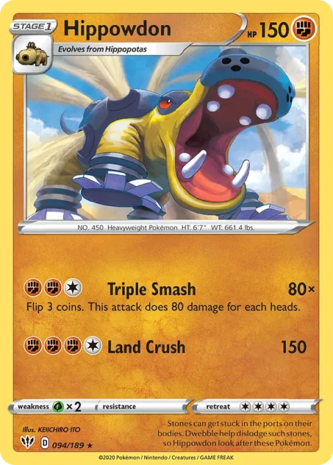 Carte Pokémon Hippodocus 094/189, extension Ténèbres Embrasées