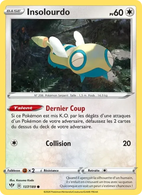 Carte Pokémon Insolourdo 137/189, extension Ténèbres Embrasées