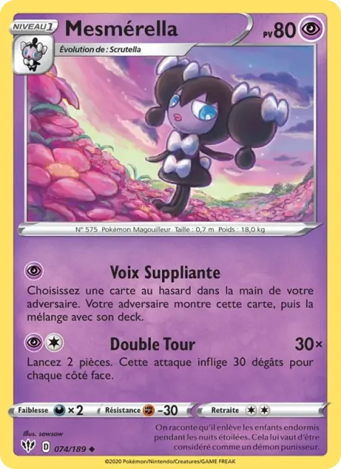 Carte Pokémon Mesmérella 074/189, extension Ténèbres Embrasées