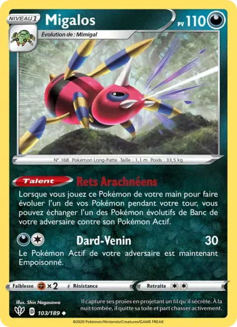 Carte Pokémon Migalos 103/189, extension Ténèbres Embrasées
