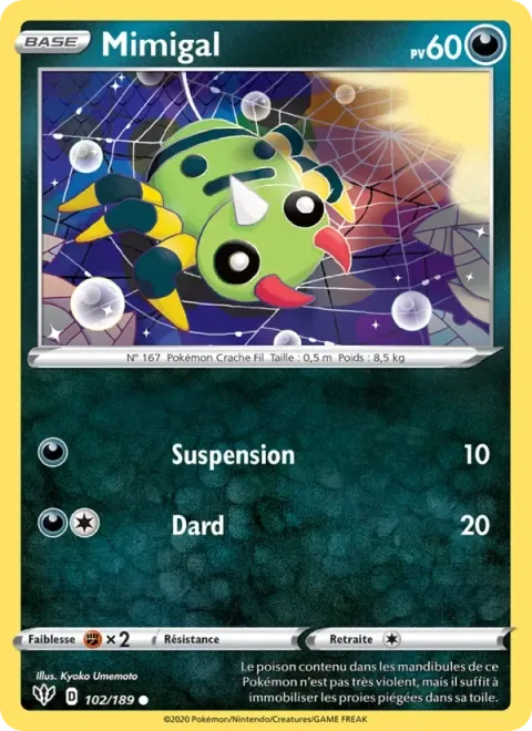 Carte Pokémon Mimigal 102/189, extension Ténèbres Embrasées