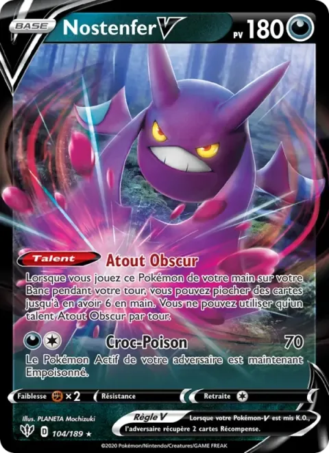 Carte Pokémon Nostenfer V 104/189, extension Ténèbres Embrasées