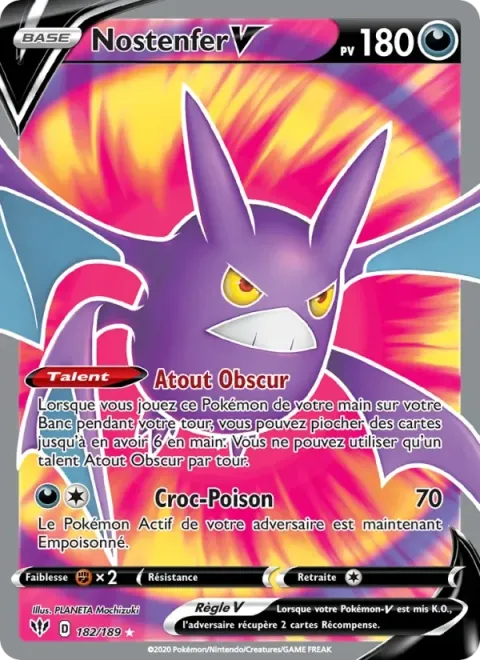 Carte Pokémon Nostenfer V 182/189, extension Ténèbres Embrasées