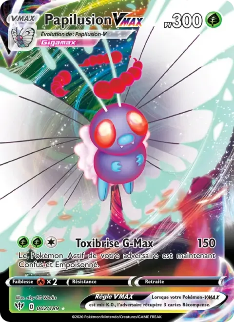 Carte Pokémon Papilusion VMAX 002/189, extension Ténèbres Embrasées