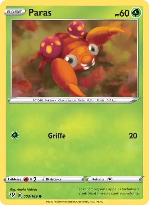 Carte Pokémon Paras 003/189, extension Ténèbres Embrasées
