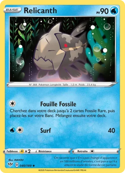 Carte Pokémon Relicanth 040/189, extension Ténèbres Embrasées