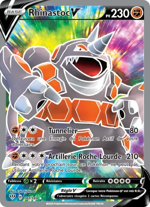 Carte Pokémon Rhinastoc V 181/189, extension Ténèbres Embrasées