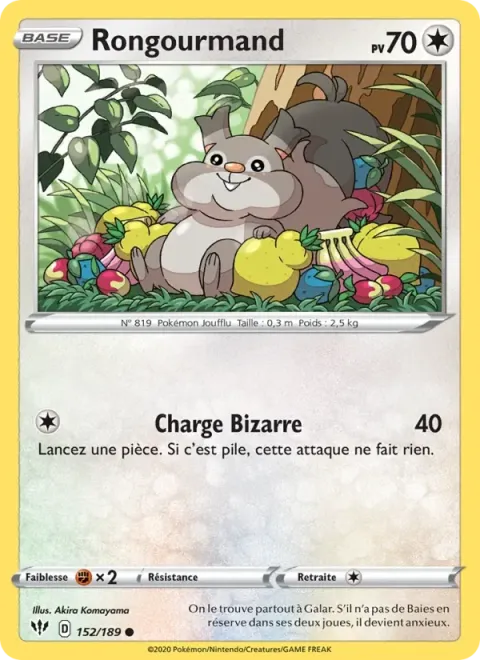 Carte Pokémon Rongourmand 152/189, extension Ténèbres Embrasées