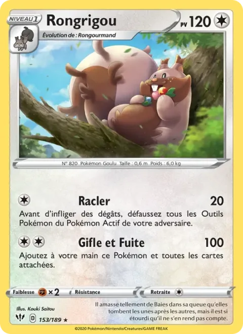Carte Pokémon Rongrigou 153/189, extension Ténèbres Embrasées