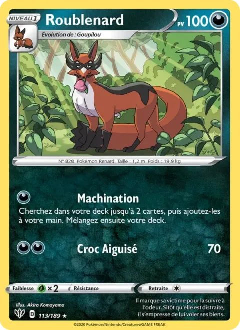 Carte Pokémon Roublenard 113/189, extension Ténèbres Embrasées