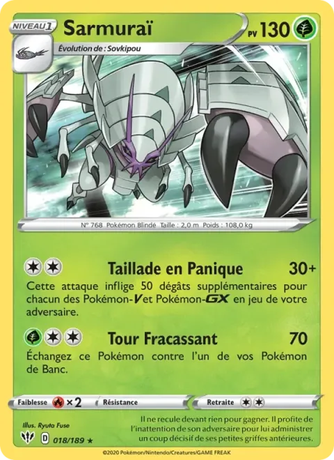 Carte Pokémon Sarmuraï 018/189, extension Ténèbres Embrasées