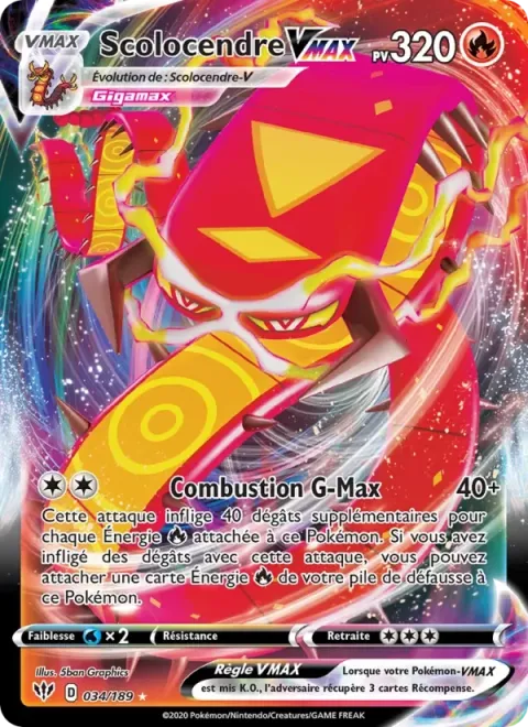 Carte Pokémon Scolocendre VMAX 034/189, extension Ténèbres Embrasées
