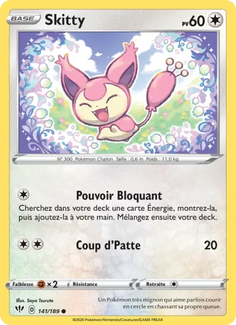 Carte Pokémon Skitty 141/189, extension Ténèbres Embrasées