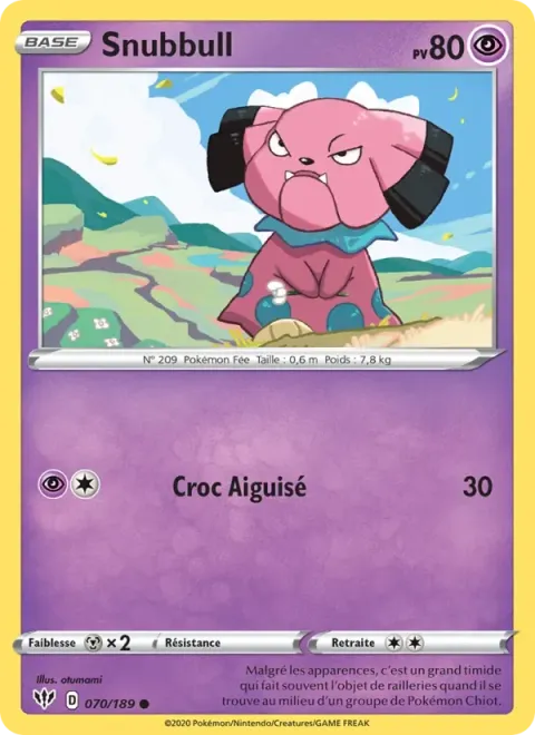 Carte Pokémon Snubbull 070/189, extension Ténèbres Embrasées