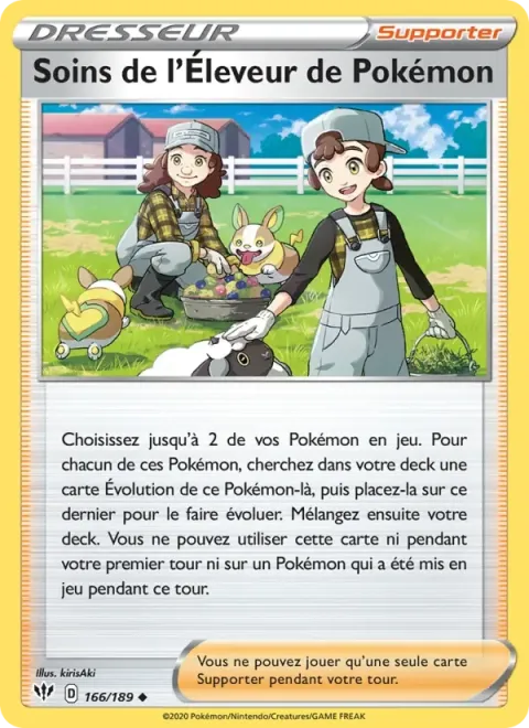 Carte Pokémon Soins de l’Éleveur de Pokémon 166/189, extension Ténèbres Embrasées