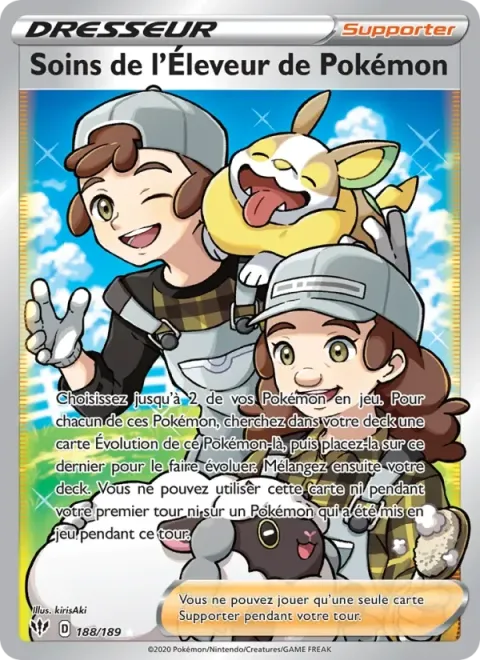 Carte Pokémon Soins de l’Éleveur de Pokémon 188/189, extension Ténèbres Embrasées