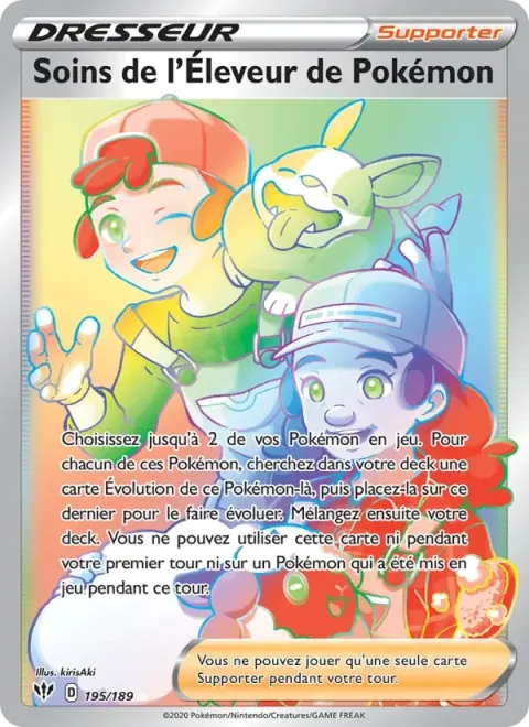 Carte Pokémon Soins de l’Éleveur de Pokémon 195/189, extension Ténèbres Embrasées