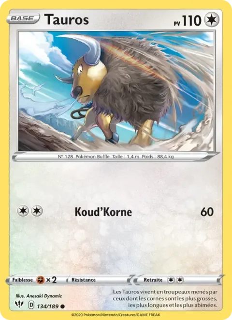 Carte Pokémon Tauros 134/189, extension Ténèbres Embrasées