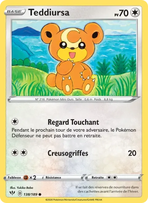 Carte Pokémon Teddiursa 138/189, extension Ténèbres Embrasées