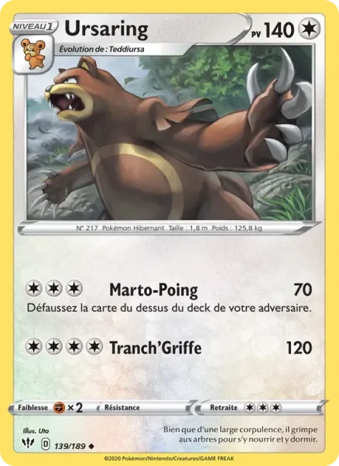 Carte Pokémon Ursaring 139/189, extension Ténèbres Embrasées