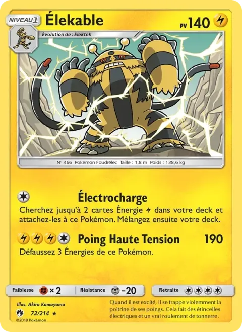 Carte Pokémon Élekable 072/214, extension Tonnerre Perdu