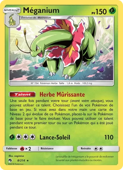 Carte Pokémon Méganium 008/214, extension Tonnerre Perdu