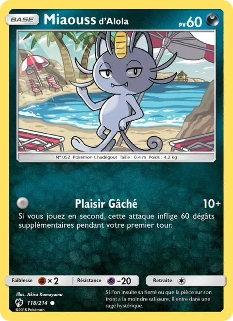 Carte Pokémon Miaouss d’Alola 118/214, extension Tonnerre Perdu