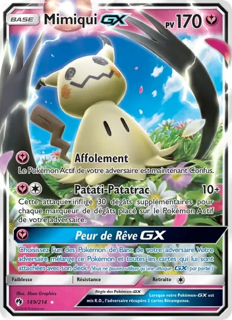 Carte Pokémon Mimiqui GX 149/214, extension Tonnerre Perdu
