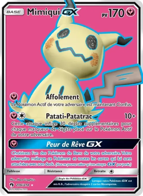Carte Pokémon Mimiqui GX 206/214, extension Tonnerre Perdu