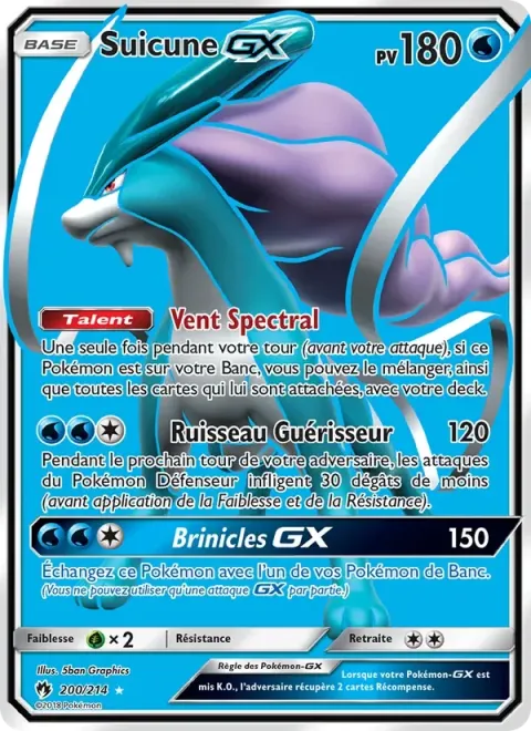 Carte Pokémon Suicune GX 200/214, extension Tonnerre Perdu