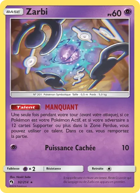 Carte Pokémon Zarbi 092/214, extension Tonnerre Perdu