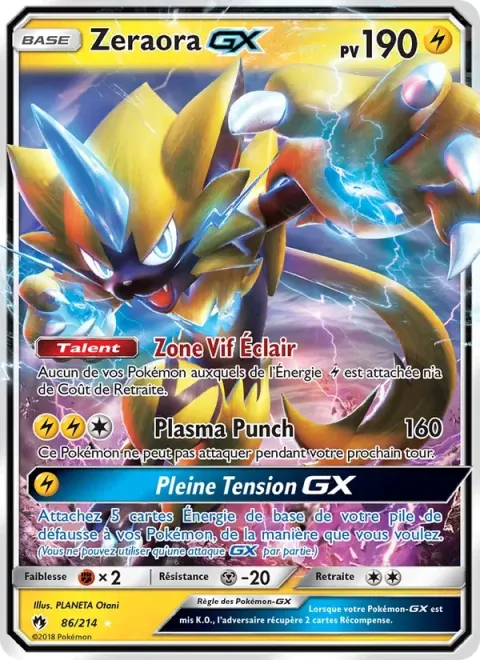 Carte Pokémon Zeraora GX 086/214, extension Tonnerre Perdu