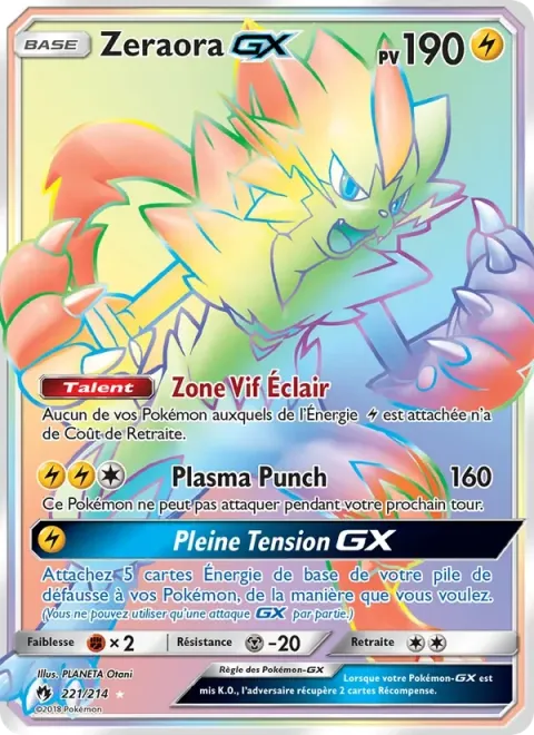 Carte Pokémon Zeraora GX 221/214, extension Tonnerre Perdu