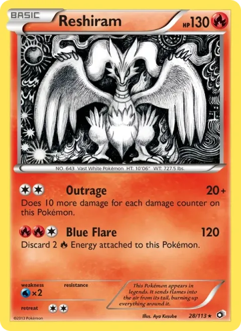 Carte Pokémon Reshiram 028/113, extension Trésors Légendaires (sortie anglaise)