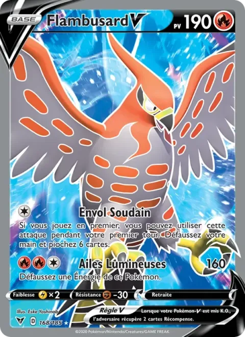 Carte Pokémon Flambusard V 168/185, extension Voltage Éclatant