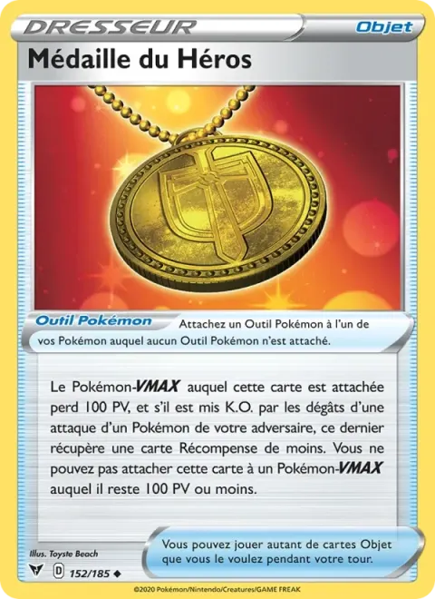 Carte Pokémon Médaille du Héros 152/185, extension Voltage Éclatant