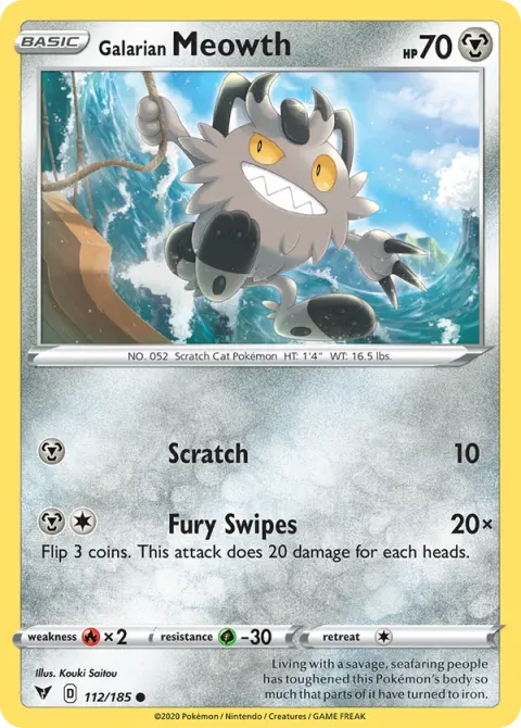 Carte Pokémon Miaouss de Galar 112/185, extension Voltage Éclatant