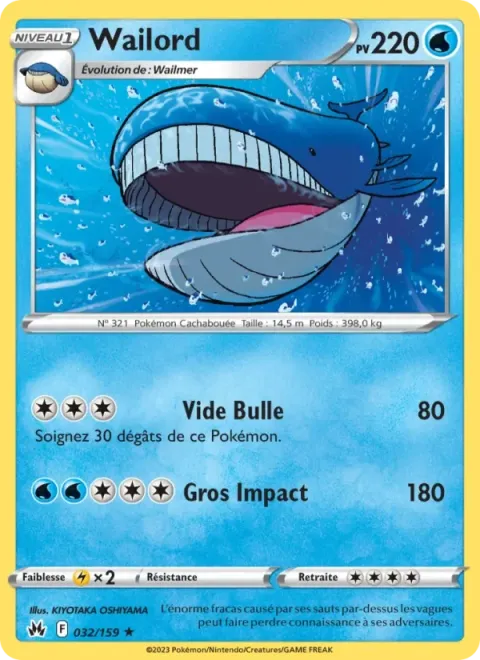 Carte Pokémon Wailord 032/159, extension Zénith Suprême